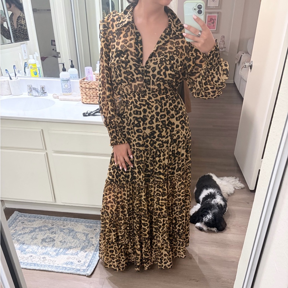 MISA Leopard Print Long Sleeve Maxi Dress